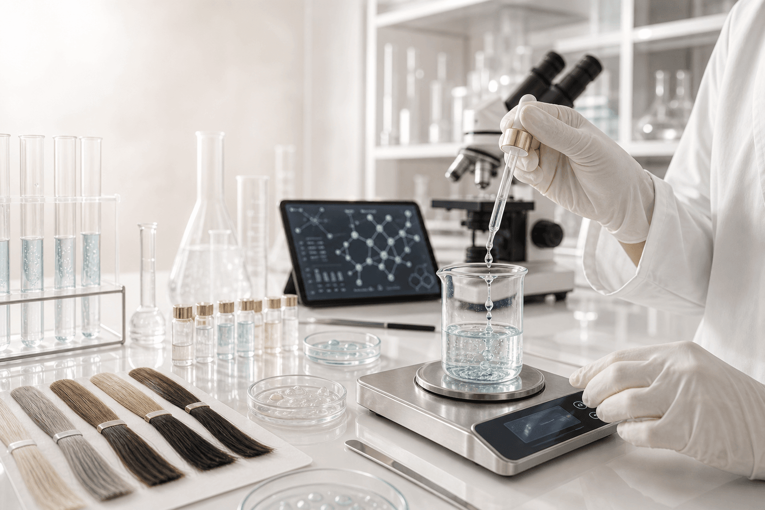 FOLLICA formulation testing cu pH, pipete și șuvițe de păr